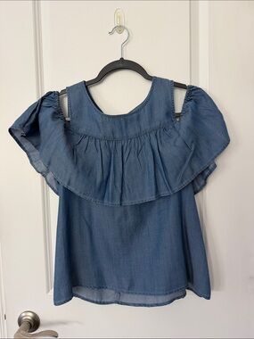 SO Denim Blue Cold-Shoulder Ruffle Top